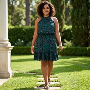 BTFBM Womens XL Halter Neck Leopard Print Mini Dress Teal Pink Sleeveless Ruffle